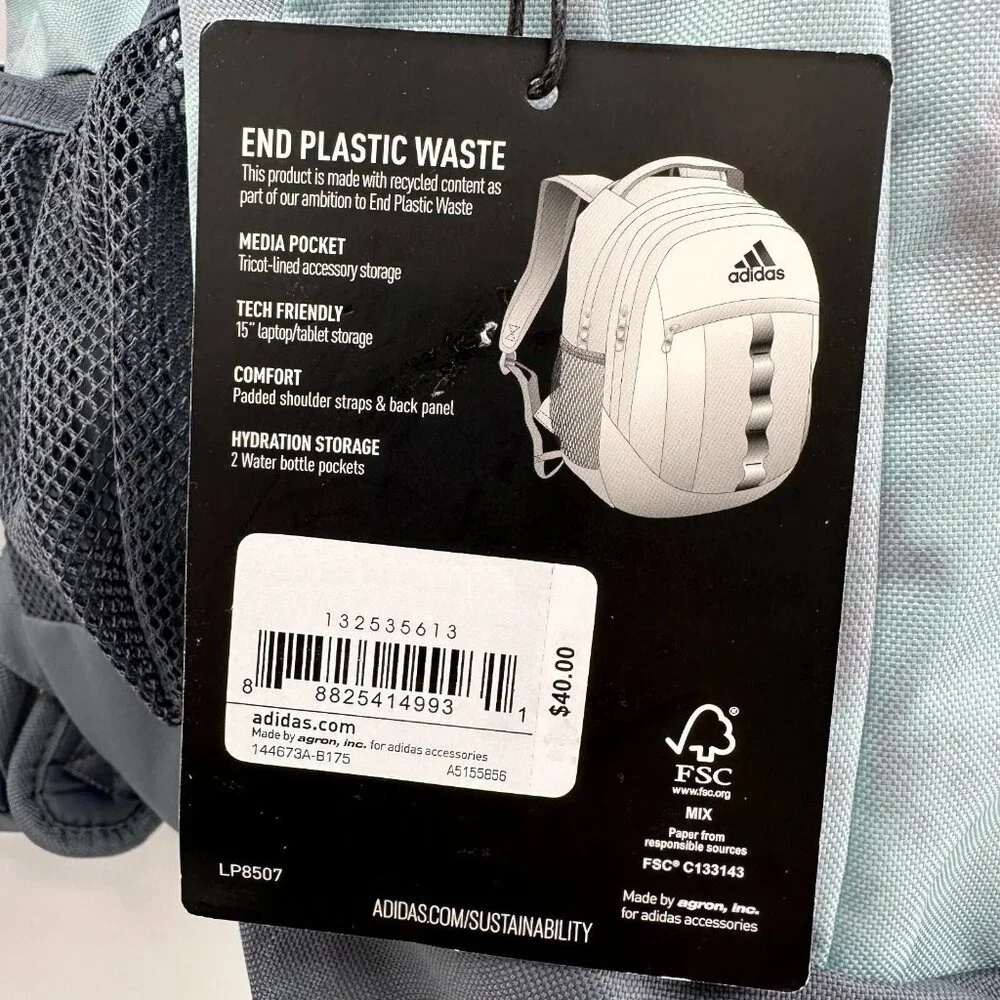 adidas Stratton II Backpack in Light Blue/Gray Large School Bag Fits 17